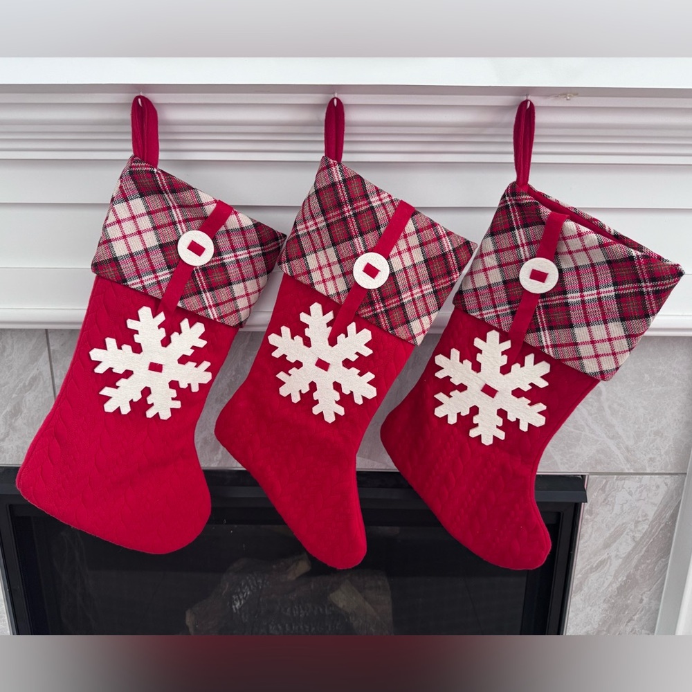 Set of 3️⃣ Festive Red Plaid Stockings with Snowflake Accents ❄️